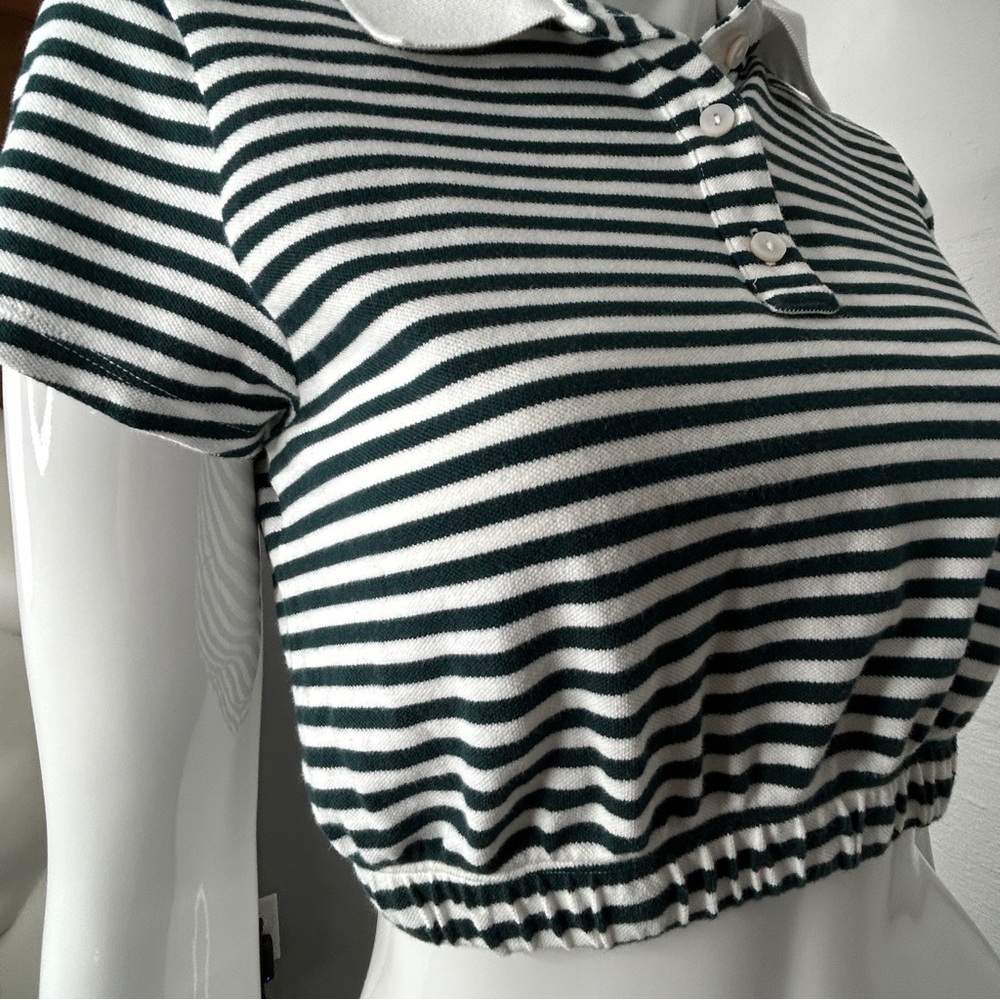 Aerie Offline Top Women's Cropped Polo S Green White Academia Striped Bubble Hem - Picture 16 of 16